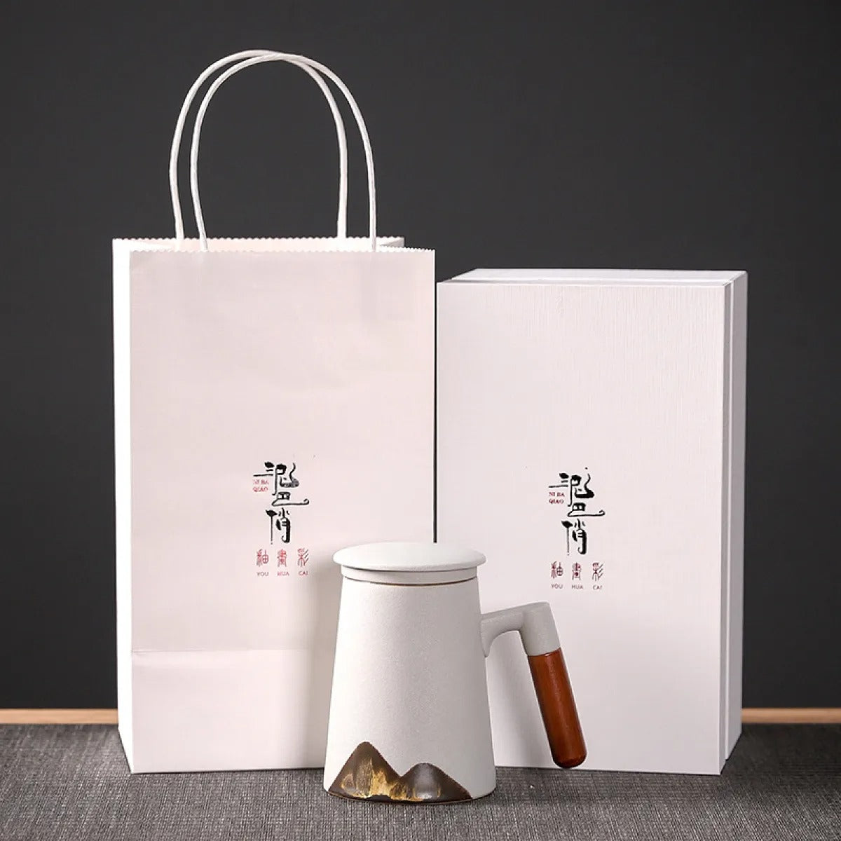 Hand-Painted Ceramic Mug with Wooden Handle & Lid
