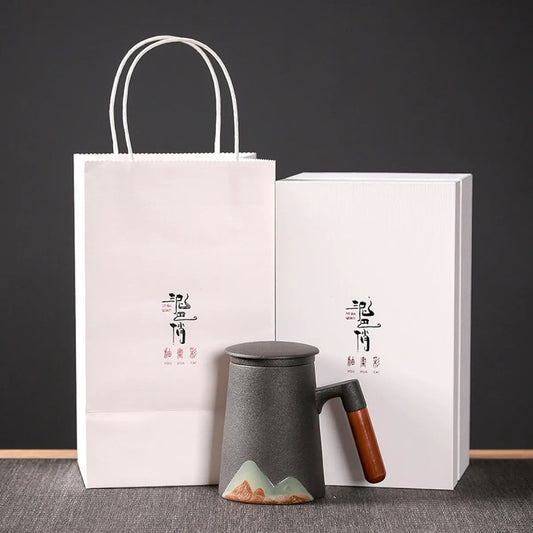 Hand-Painted Ceramic Mug with Wooden Handle & Lid